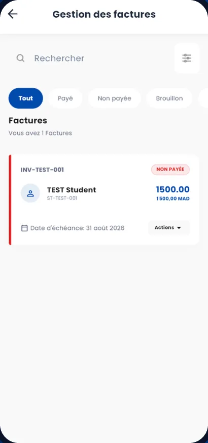 تطبيق EduSchoolConnect: لائحة الفواتير مع فاتورة غير مؤداة وتاريخ استحقاقها