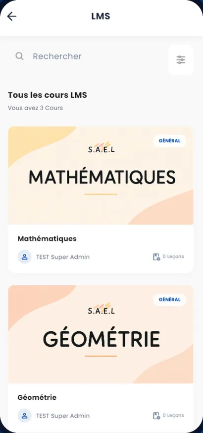 شاشة LMS: لائحة الدروس عبر الإنترنت مع عدد الحصص